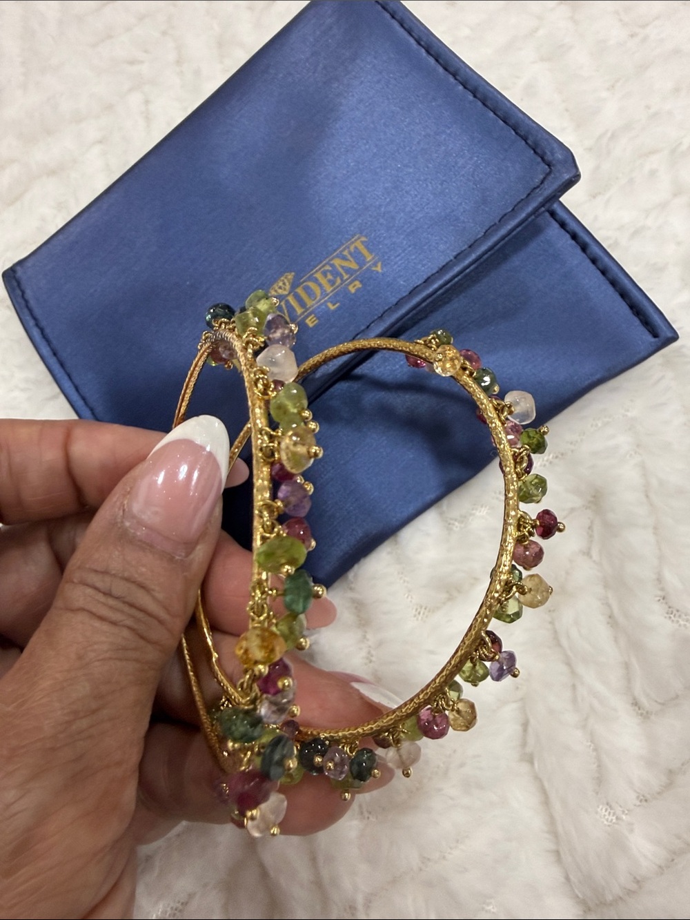 LARGE 18kt Gold Hoop Earrings with dangling tourmaline & peridot drop stones - Picture 5 of 8